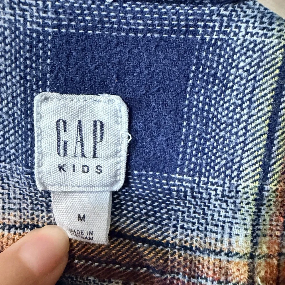 Gap Kids M Navy Orange Plaid Flannel 100% Cotton Button Down Shirt